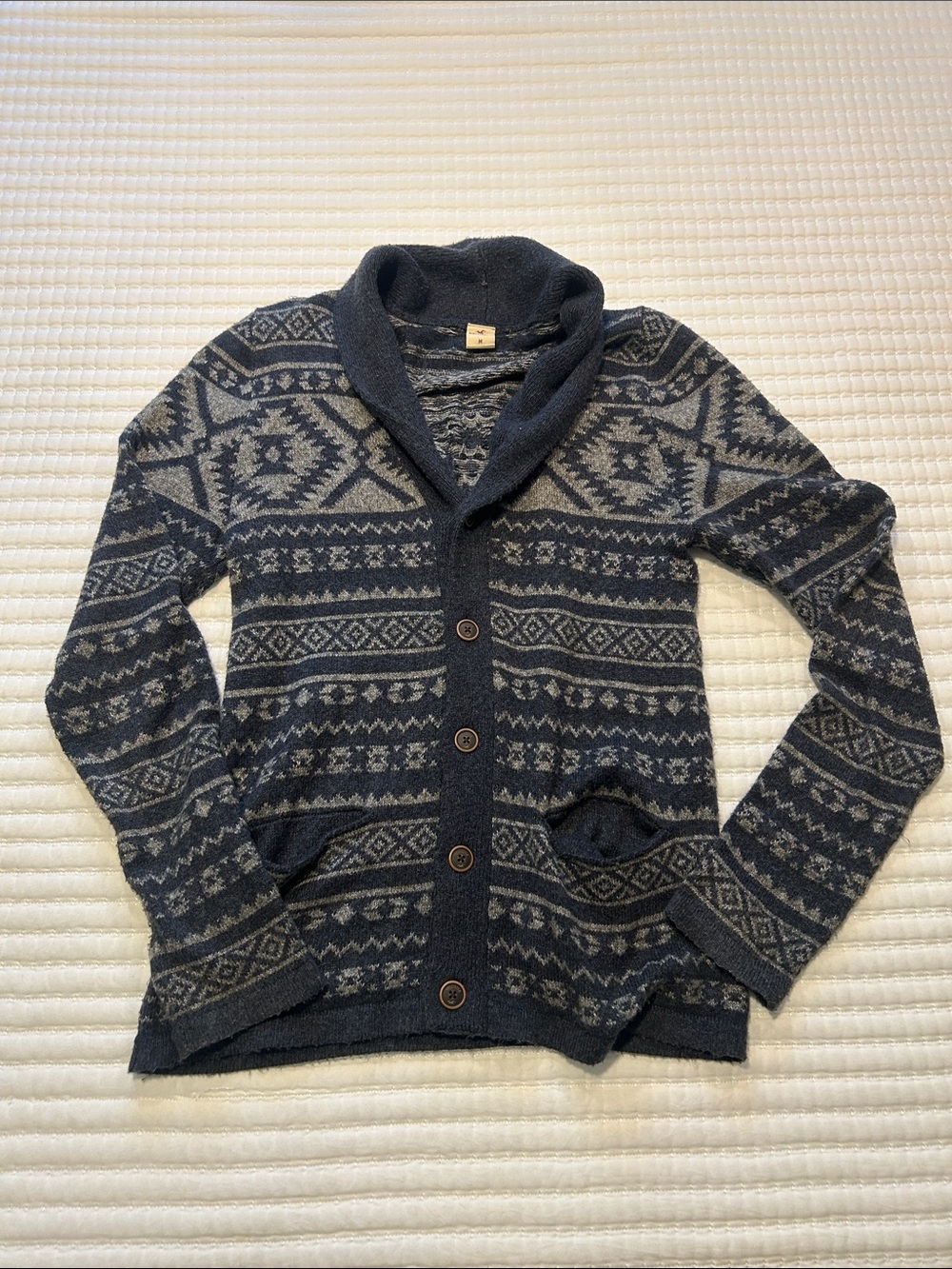 Hollister Navy and Light Gray Fair Isle Shawl Collar Cardigan